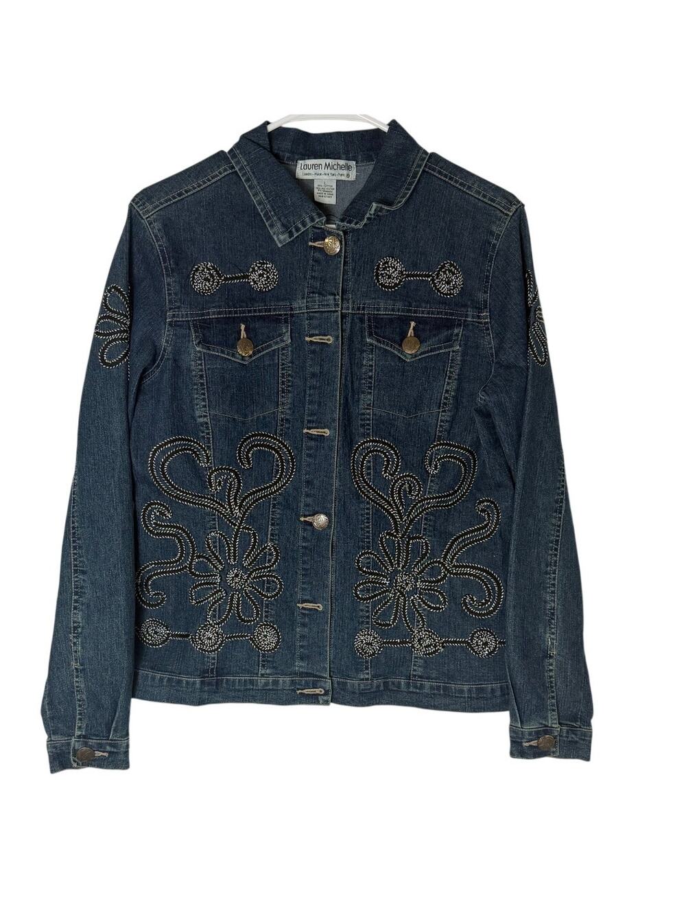 Lauren Michele Blue Denim with Floral Embroidery Women's Lightweight Jacket